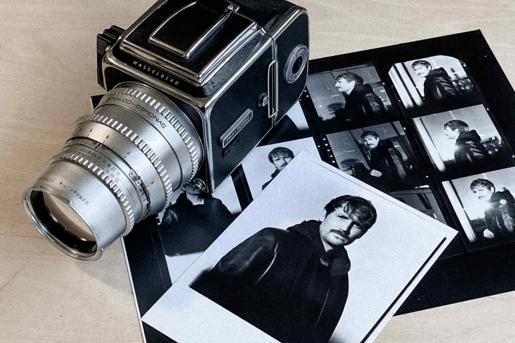 Hasselblad 500c camera with black and white contact sheet of Florian Portraits