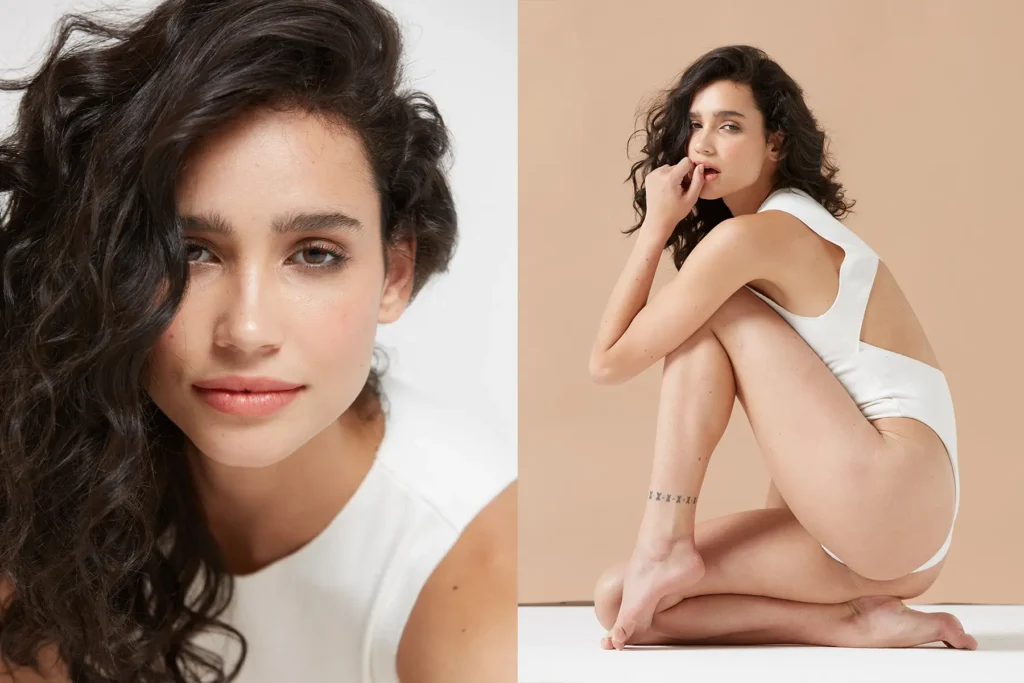 Professional Sedcard photo session showing a young woman with dark curly hair in two poses - a close-up headshot highlighting natural makeup and warm lighting on the left, and a full-body artistic pose in white clothing against a neutral beige background on the right, demonstrating versatile modeling portfolio photography in Berlin