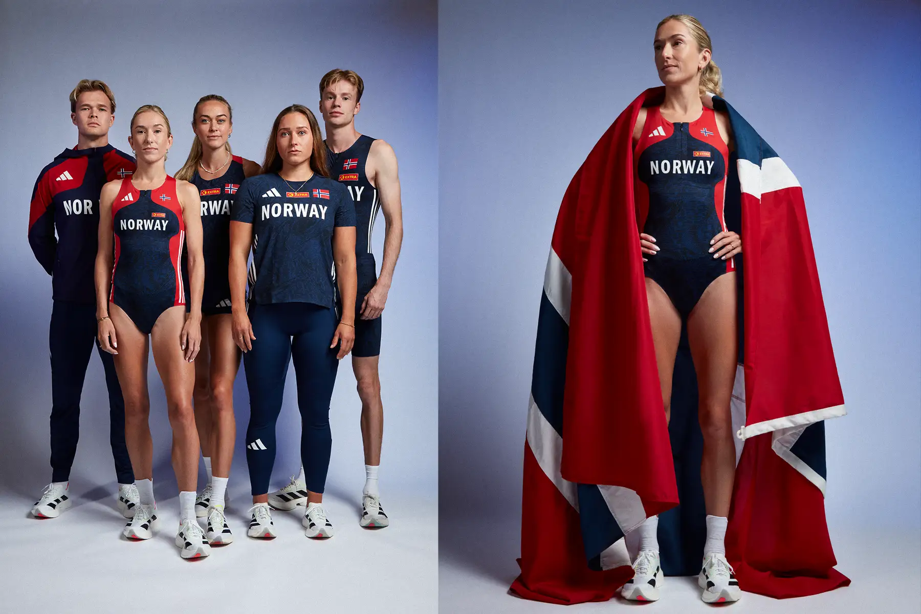 Photos of the Norwegian International athletics team. In the right frame, Karoline Bjerkeli Grøvdal is with the Norwegian flag. On the left frame, Karoline Bjerkeli Grøvdal, Håvard Ingvaldsen, Amalie Sæten, Marie-Therese Obst, and Sondre Guttormsen are wearing Aida's new kit for the Tokyo 2025 Olympic Games.