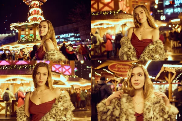 Four photos of Sofi taken by a Berlin-based photographer, Ed Mehravaran. She is wearing long, blonde hair at an evening, festive Christmas market in Berlin Alexanderplatz. She is attired in a burgundy-colored strapless dress and wears a sumptuous-looking faux fur coat. Images show her from different angles against bright holiday decorations; these include multi-tiered Christmas pyramid structures brightened by warm lighting, festive market stalls, and many twinkling lights throughout; the atmosphere is full of warmth and magic throughout this nighttime scene.