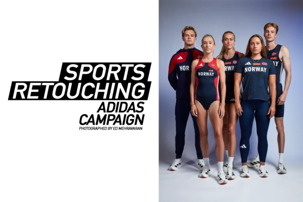 Five Norwegian athletes stand in a line wearing Adidas sportswear featuring the Norwegian flag and 'NORWAY text. From left to right: a Sondre Guttormsen in a navy and red track jacket, a female athlete Karoline Bierkeli Grovdal in a red and navy competition swimsuit, a female athlete Amalie Saten in a navy athletic top, Marie-Therese Obst in a navy tank top, and Havard Ingvaldsen in a navy sleeveless jersey. All wear white Adidas sneakers. The left side displays text reading 'SPORTS RETOUCHING ADIDAS CAMPAIGN PHOTOGRAPHED BY ED MEHRAVARAN' in bold black italics against a white background
