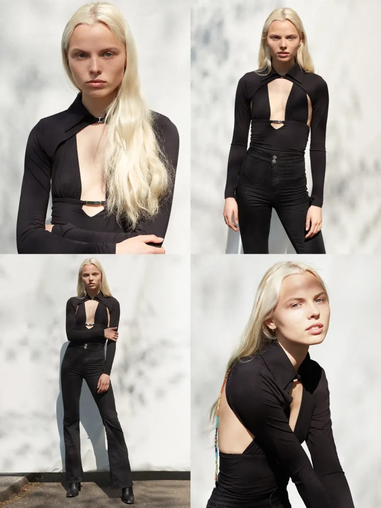 Four-panel Sedcard photo shoot of a blonde model wearing an all-black outfit consisting of a cutout long-sleeve top with collar detail and high-waisted black pants, photographed against a textured white wall in various poses in Berlin by Ed Mehravaran.
