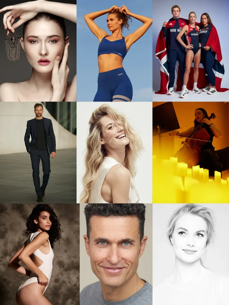 Fotocollage aus neun professionellen Fotografien von Ed Mehravaran: Beauty-Porträt einer Frau mit Schmuck-Ohrring, Sportfotografie einer Frau in blauer Sportbekleidung vor Himmel, Gruppenporträt von drei norwegischen Athleten in Team-Sportbekleidung mit Flagge, Männer-Modefoto in dunklem Anzug in urbaner Umgebung, lachendes Porträt einer blonden Frau in cremefarbener Bluse, Musikerin beim Cello-Spiel in warmem Kerzenlicht, Modeaufnahme einer Frau mit lockigem Haar in weißem Body, Nahporträt eines lächelnden Mannes mit grauem T-Shirt, Schwarz-Weiß-Porträt einer blonden Frau.