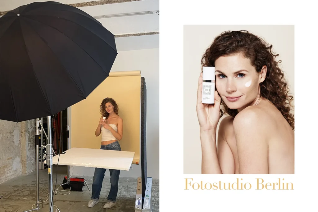 Auf der linken Seite des Bildes: Ein Blick hinter die Kulissen eines Fotoshootings für Beauty-Produkte des Berliner Fotografen Ed Mehravaran. Links: eine Aufnahme aus dem Fotostudio, die einen großen schwarzen Reflexschirm, einen nahtlosen Papierhintergrund sowie ein Model mit lockigem Haar (Astrid) zeigt; sie trägt ein trägerloses Oberteil und Jeans und hält ein Hautpflegeprodukt in der Hand. Rechts: das fertig retuschierte Ergebnis – eine Beauty-Aufnahme desselben Models mit Locken, freien Schultern und einem Klecks Creme auf der Wange, während sie ein Fläschchen „True Hyaluron“-Serum von Trettl Trust präsentiert. Der Text darunter lautet „Fotostudio Berlin“. Dies ist Ed Mehravarans Fotostudio in Berlin.
