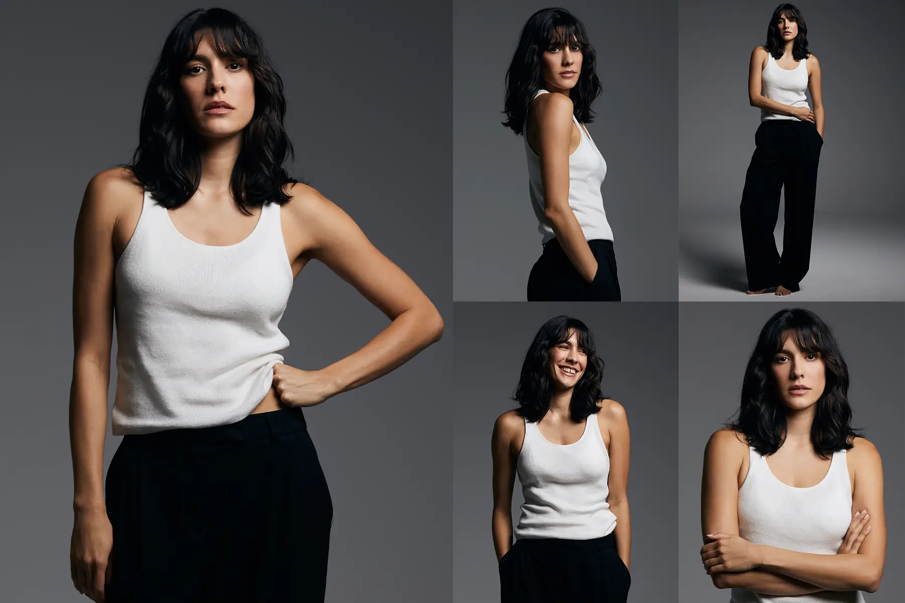 Fotocollage von einem Sedcard-Fotoshooting in Berlin mit Model Paloma Valencia: Links eine Ganzkörperaufnahme in weißem Tanktop und schwarzer Stoffhose, rechts vier weitere Studioaufnahmen – Porträts mit offenem Haar sowie Ganzkörper- und Halbkörperposen in verschiedenen Blickwinkeln. Die Fotos stammen von Ed Mehravaran (Berlin).