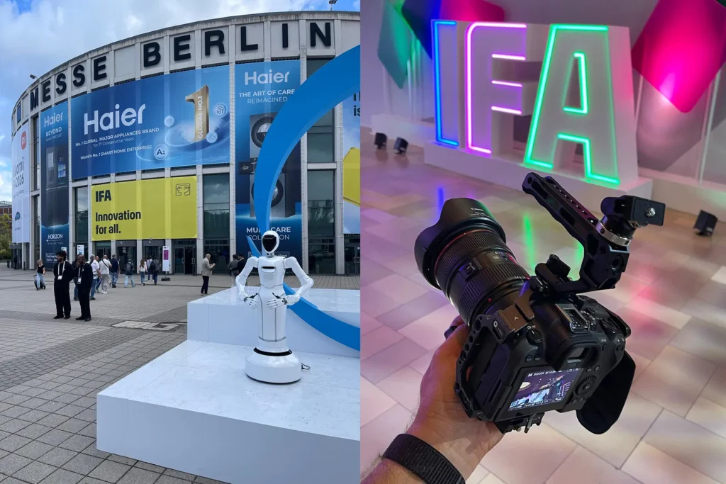 Split-Bild von der IFA Berlin 2026 – links ein weißer humanoider Roboter auf einer Ausstellungsplattform vor dem Messe-Berlin-Gebäude, im Hintergrund die Beschriftung „IFA Innovation for All" sowie Haier-Werbung an der Fassade und vorbeigehende Besucher; rechts eine Nahaufnahme einer Hand, die eine professionelle Kamera mit Rig hält, gerichtet auf ein bunt leuchtendes „IFA"-Neonschild in Pink, Blau und Grün