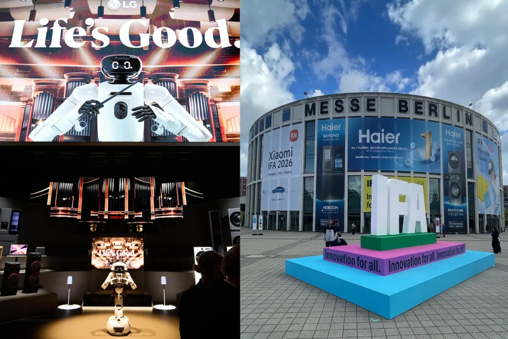 Split image of IFA Berlin 2026 — left, LG's "Life's Good" booth with a large screen showing an animated conductor robot and a matching physical robot on stage below; right, the exterior of the Messe Berlin building with a large "IFA" sculpture on a colorful "Innovation for all" plinth in front, and banners for Xiaomi, Haier, and IFA 2026 on the facade