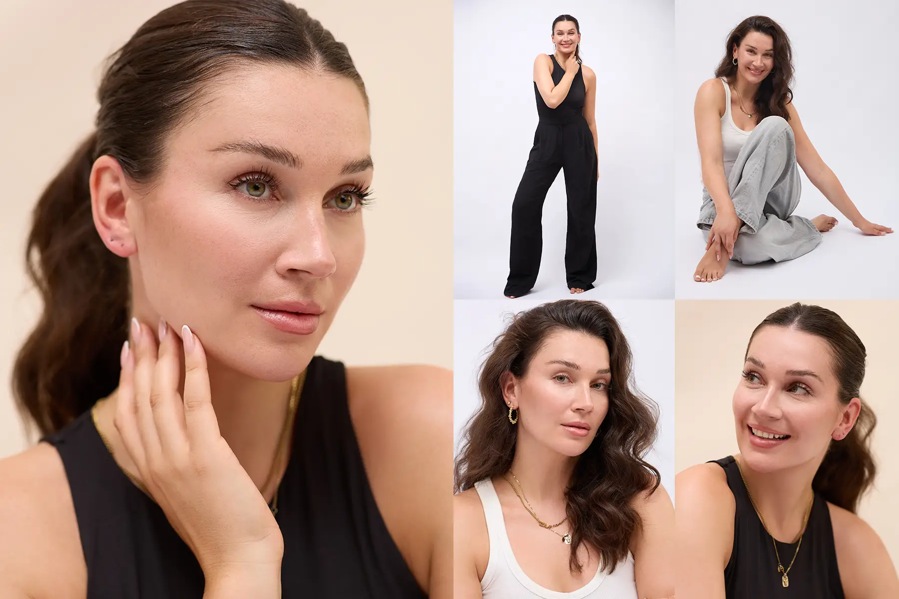 Fotocollage von einem Shooting für eine Sedcard in Berlin mit Leonie Ehresmann: Links ein Nahaufnahme-Porträt der brünetten Leonie Ehresmann, rechts vier weitere Studioaufnahmen – ein Ganzkörperfoto in einem schwarzen Jumpsuit, eine sitzende Pose in einem grauen Loungewear-Set sowie zwei weitere Porträts, die Details des Schmucks hervorheben. Die Fotos stammen von Ed Mehravaran (Berlin).