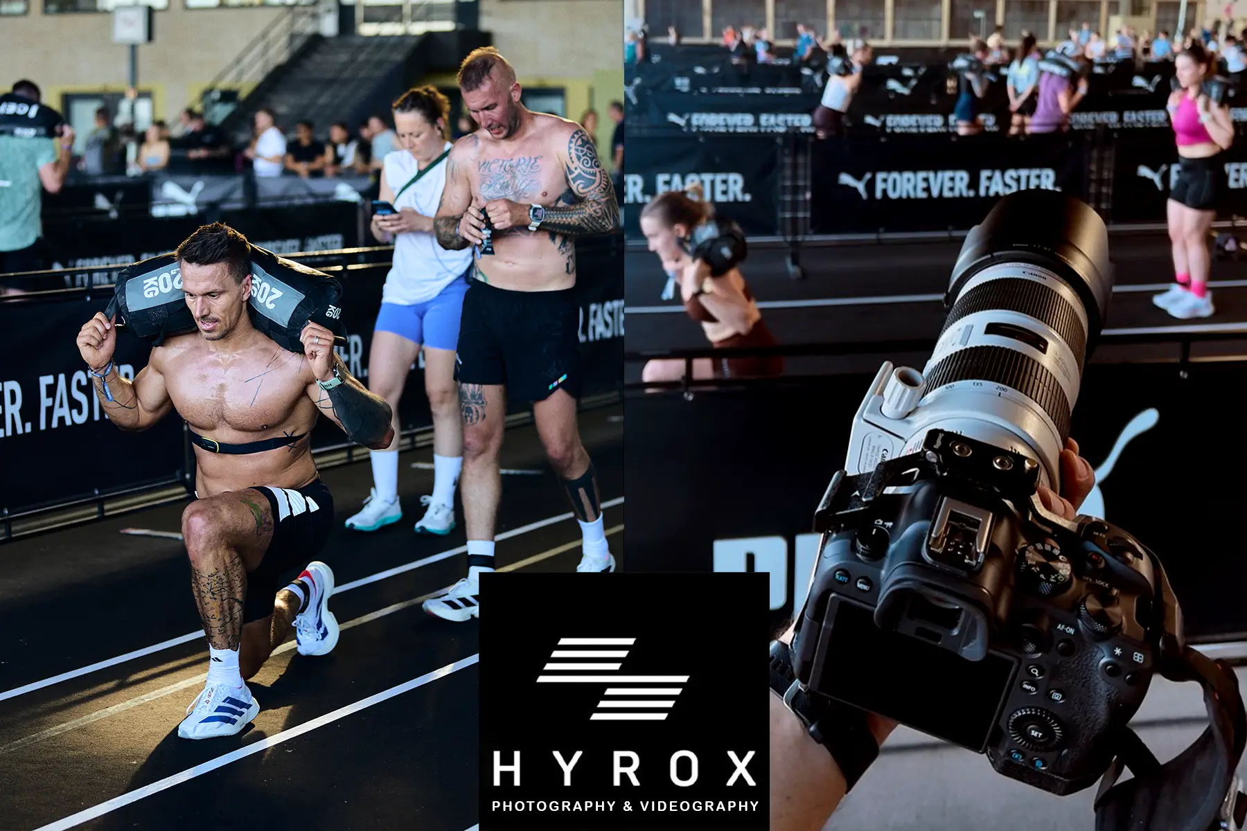 On the left side: HYROX athlete performing sandbag lunges during a HYROX race. On the right side, I am holding my camera with my 70-200mm lens. In the background, the athletes are raicing on lung area. In the middle of the image, there is a HYROX logo and under it is written: Photography and Videography