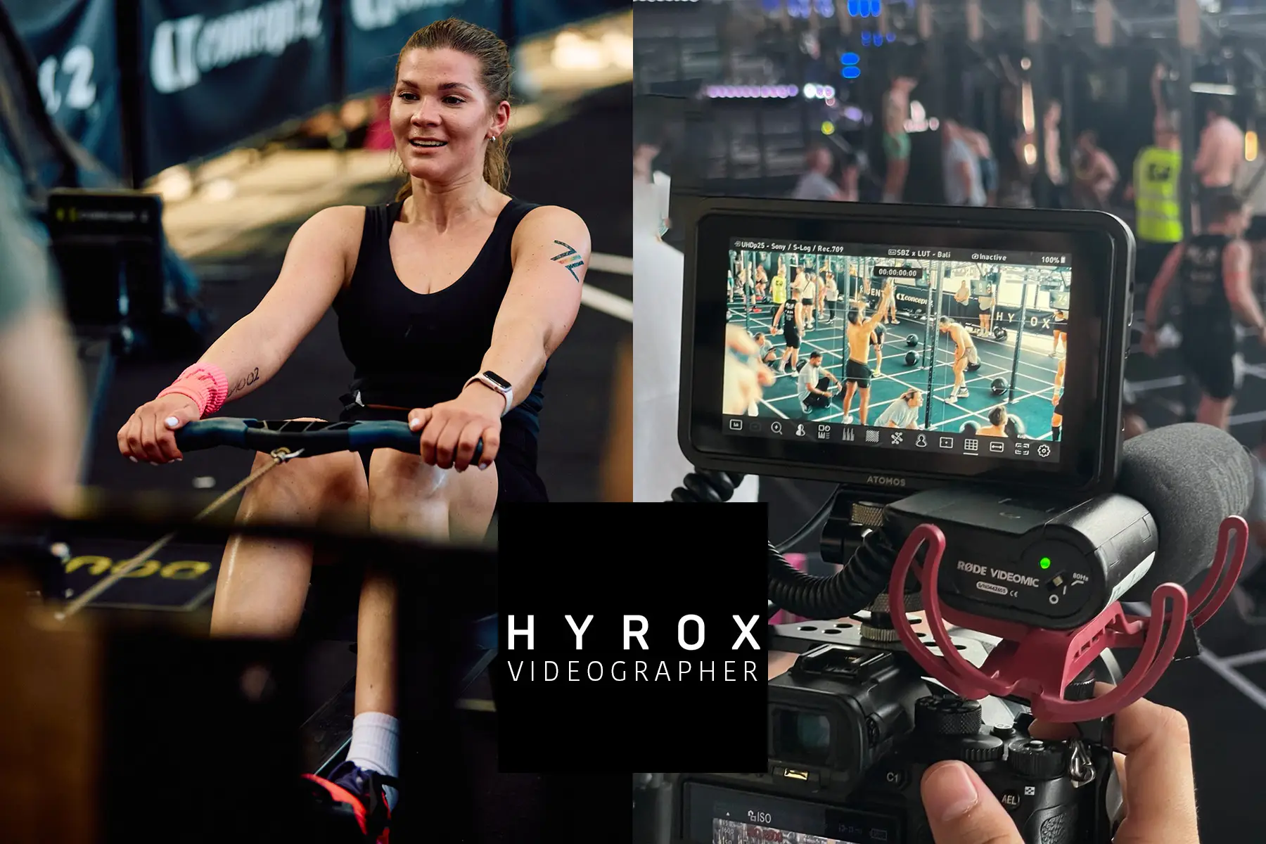 HYROX videographer collage showing Magda rowing at HYROX Berlin 2026 beside a camera rig filming the wall ball station.