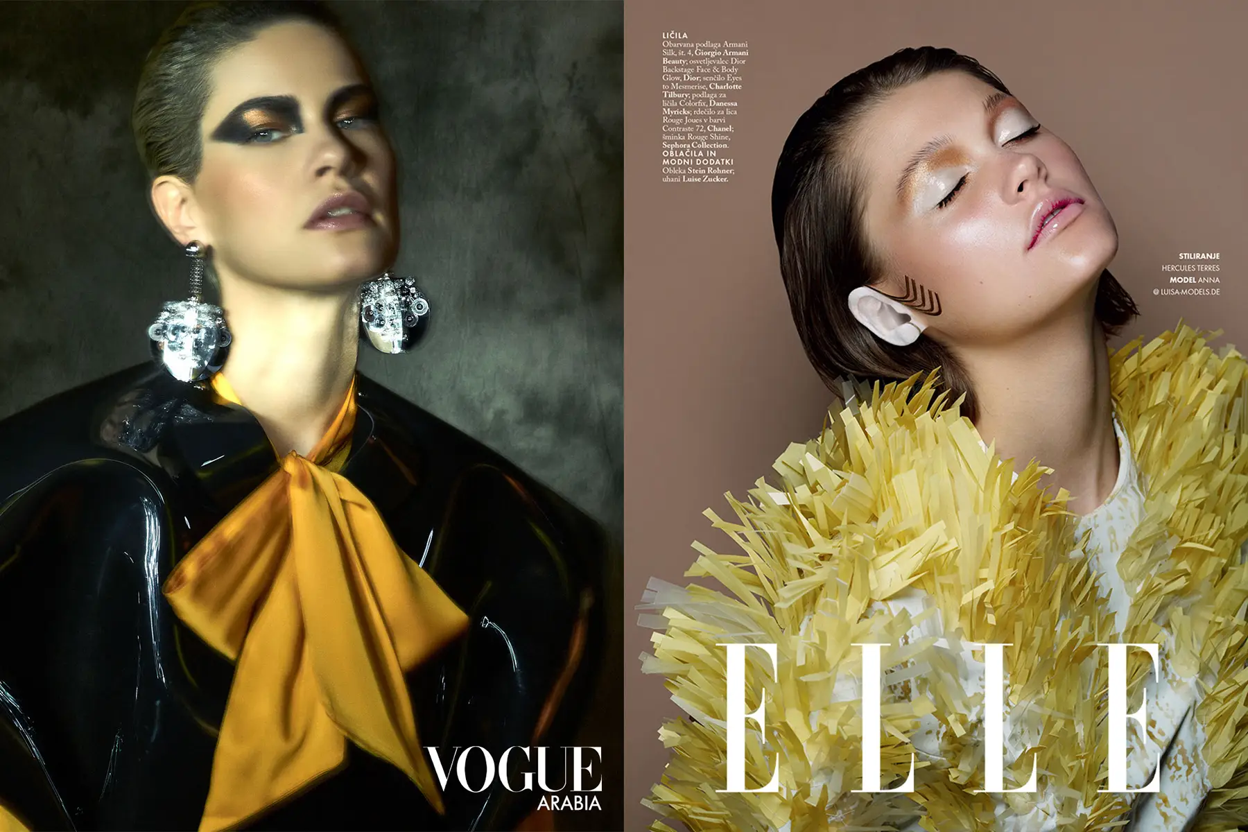 Mode- und Beautyfotografie von Ed Mehravaran: zwei Editorial-Porträts für Vogue Arabia und ELLE mit markantem Make-up und gelben Modeakzenten.